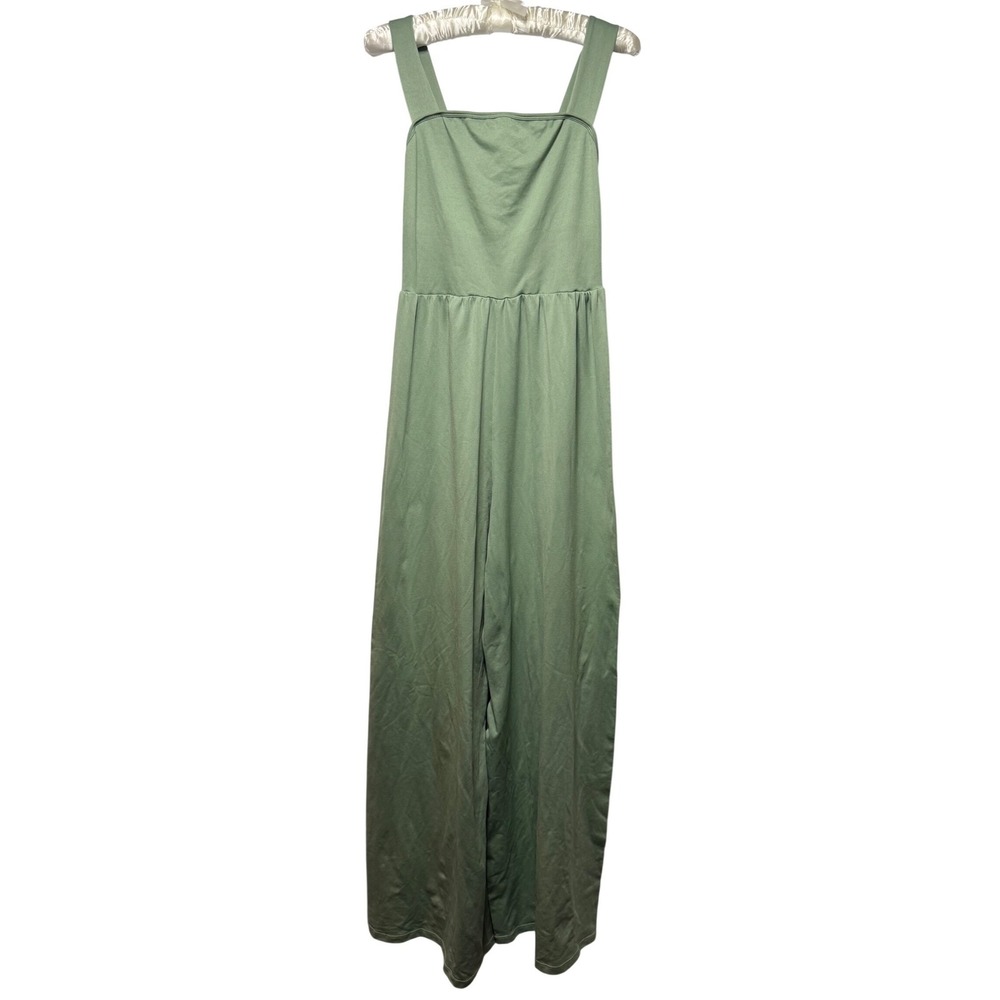 OQQ Sage Green Wide Leg Jumpsuit Medium Ribbed Square Neck Sleeveless One Piece
